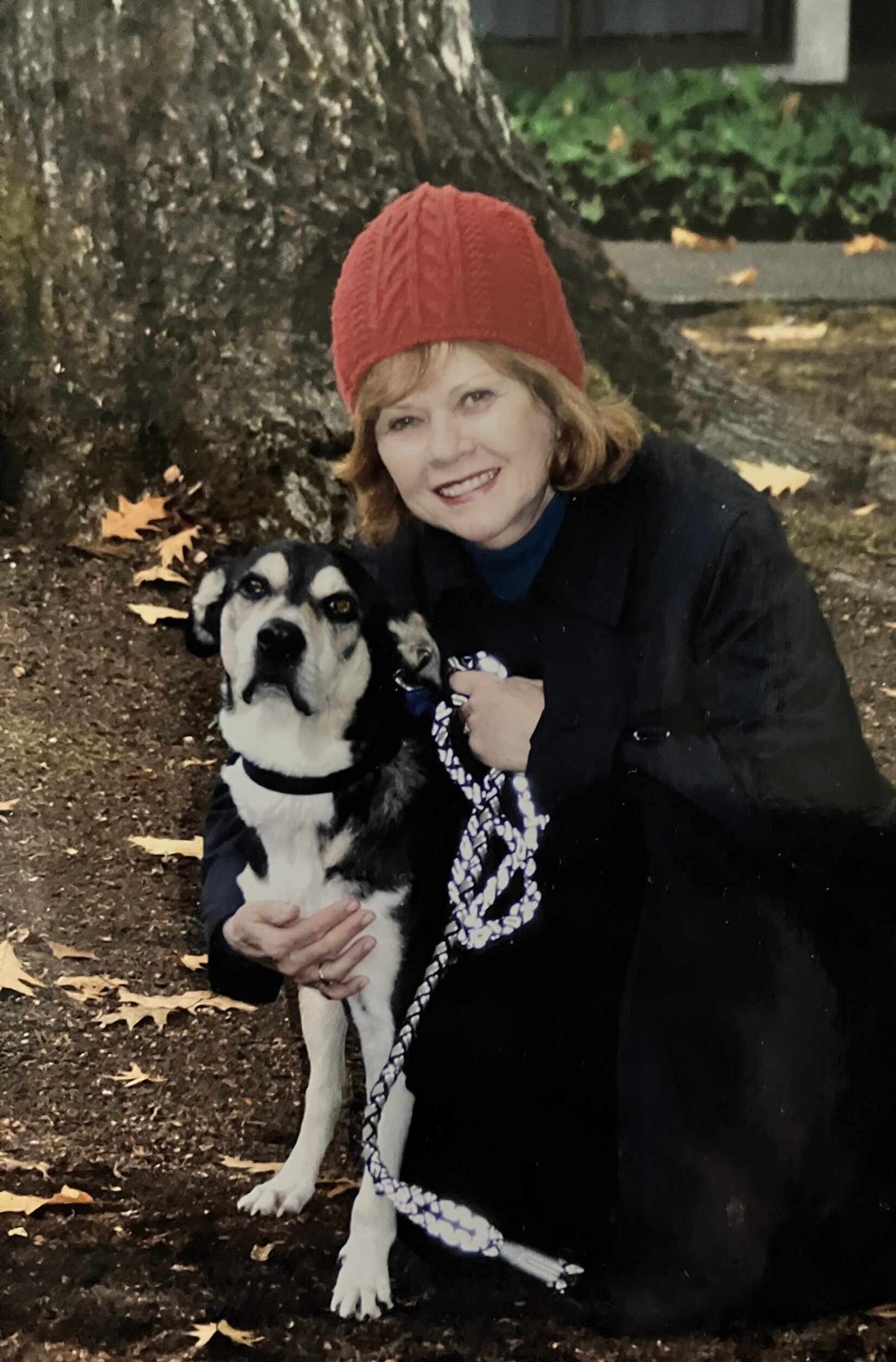 Joan kneeling with a black and white dog with a large tree behind them.