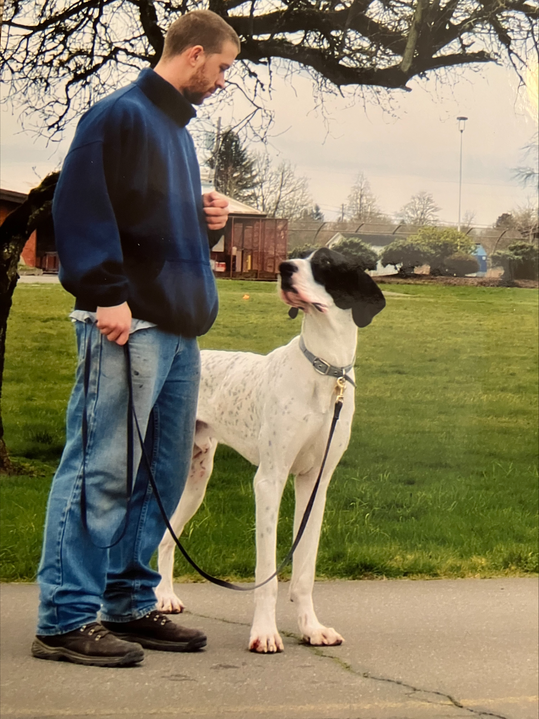 A boy giving hand signals to his large dog